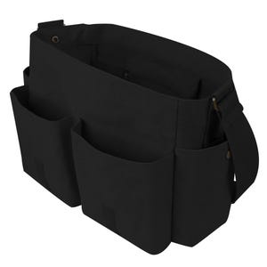 black canvas messenger bag interior compartments organizer laptop storage view