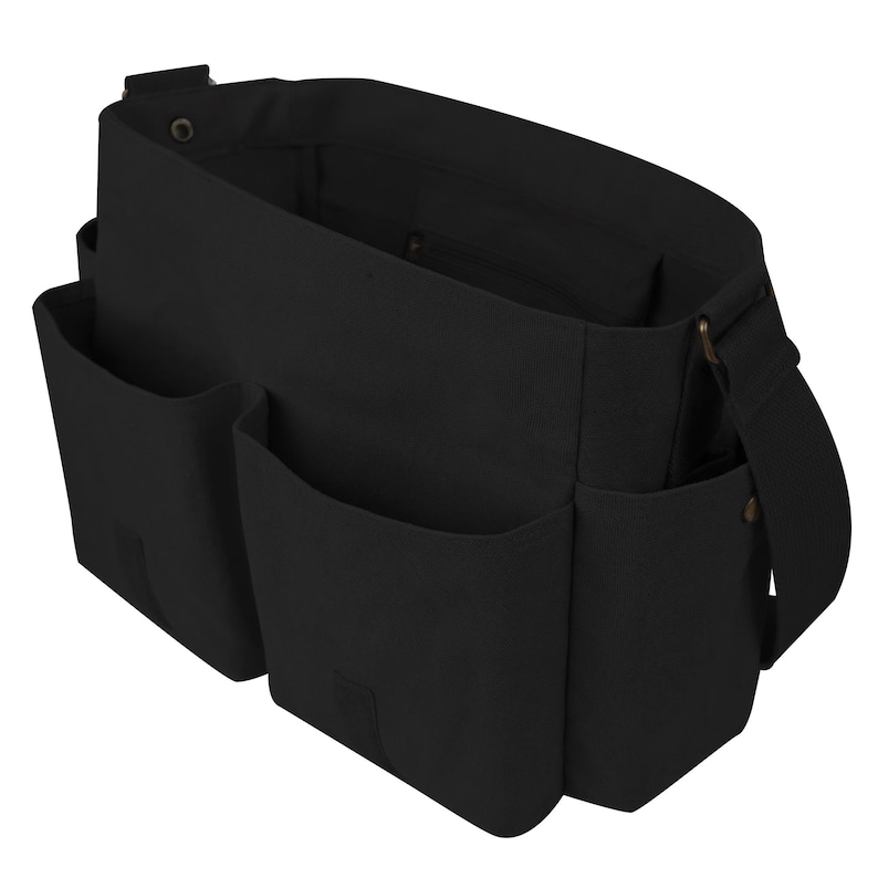 black canvas messenger bag interior compartments organizer laptop storage view