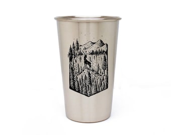 Mountain Stainless Steel Pint Mug - Beer Glass  - Groomsmen Gifts for Men - Bachelor Party Cups - Elk Mountain & Forest Design