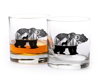 Rock Glasses - Bear and Wolf - Screen Printed Whiskey Glass Set of Two 11 oz. - Whiskey Rocks Glass - Kitchen Glasses and Drinking Glasses