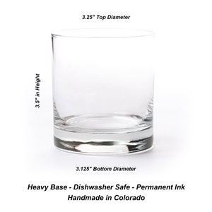 Plain whiskey glass showing its height dimension of 3.5 inches on the left and its top diameter dimension of 3.25 inches at the top. Its best features are listed under the glass image: heavy base, dishwasher safe and handmade in Colorado.