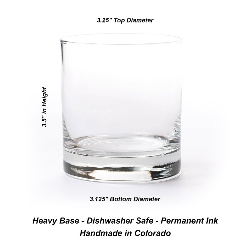 Plain whiskey glass showing its height dimension of 3.5 inches on the left and its top diameter dimension of 3.25 inches at the top. Its best features are listed under the glass image: heavy base, dishwasher safe and handmade in Colorado.