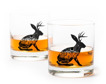 Jackalope Whiskey Glasses - Jackalope and Forest Design - Gift for Men - Rustic Cabin Decor - Whiskey Glass Set of Two 11oz.