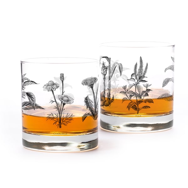 Botanical Herbs Kitchen Bar and Cafe Glasses - Floral Drinking Glasses - Herb Chart Whiskey Glasses Set of Two
