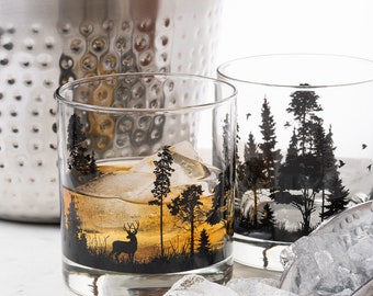 Forest Animal Whiskey Glass Set – Nature Barware Gift for Men – Wildlife Old Fashioned Glasses – Hand Printed 11oz Rocks Tumblers