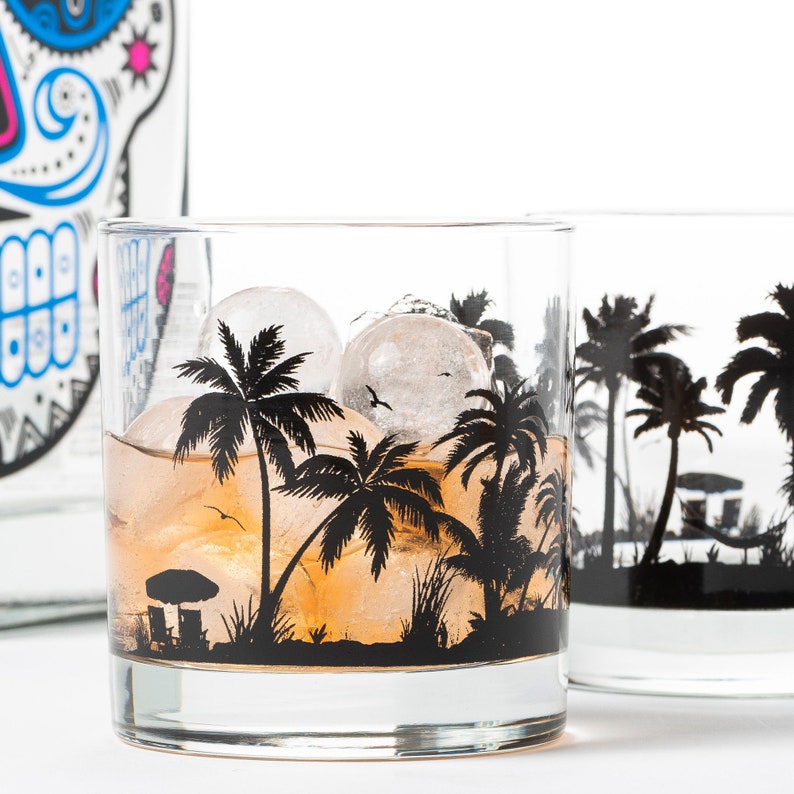Hand printed coastal barware 11oz rocks glasses