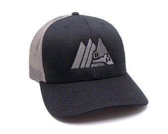 Retro Mountain Trucker Hat | Two-Tone Mesh Snapback Cap for Men | Outdoor Dad Gift | Black/Grey