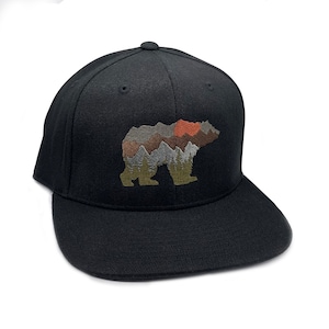 Mens Hats - Bear and Mountain Flexfit Hat - Mountain Snapback or Fitted Hat- Fathers Day Gifts for Men