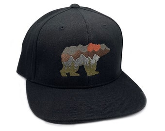 Mens Hats - Bear and Mountain Flexfit Hat - Mountain Hat Gift for Men -  Mountain Snapback Hats for Men/ Fitted Hats