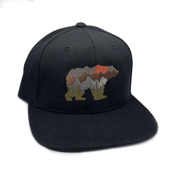 Mens Hats - Bear and Mountain Flexfit Hat - Mountain Hat Gift for Men -  Mountain Snapback Hats for Men/ Fitted Hats