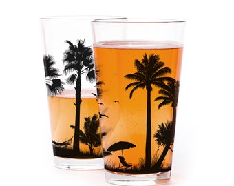 Beach Landscape Drinking Glasses - Coastal and Beach Barware Beer and Pint Glasses - Tropical Glasses (Two 16 oz)