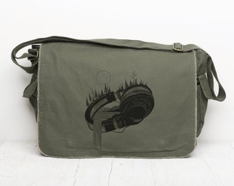 Canvas Messenger Bag Women/Men - Headphones & Nature - Canvas Crossbody Bag - Nature Themed Messenger Bags for School and Work