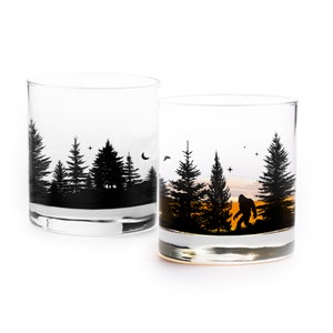 Whiskey Glasses - Bigfoot in the Forest Rock Glasses - Cabin Decor - Bigfoot Themed Tumbler Glass Set - Sasquatch Gifts