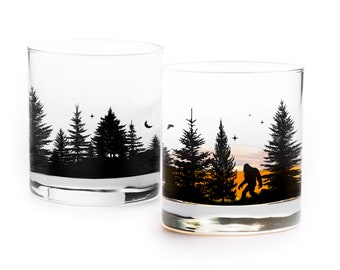 Whiskey Glasses - Bigfoot in the Forest Rock Glasses - Cabin Decor - Bigfoot Themed Tumbler Glass Set - Sasquatch Gifts