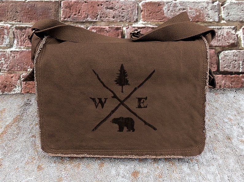 Rustic Compass Screen Printed Messenger Bag 2 Colors Available Messenger Bag