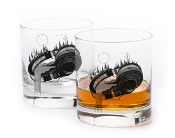 Whiskey Glasses Headphones and Forest Landscape - Whiskey Glass Set of 2 Small Tumblers - Rock and Roll Gift - Lowball Glass