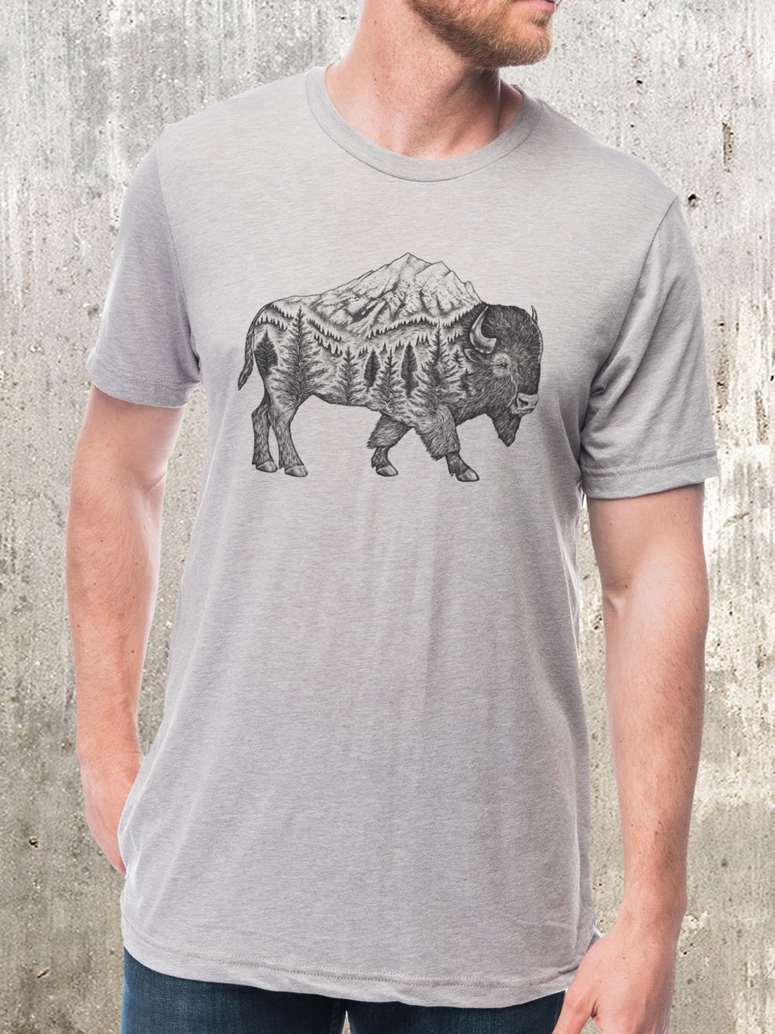 Mens Tshirt Buffalo Tshirt Buffalo Mountain Forest Design | Etsy