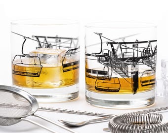 Hand-Printed Ski Lift Whiskey Glasses – 11oz Heavy Base Rocks Tumblers (2pc)