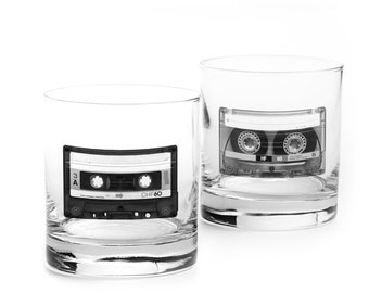 Oldies Music Whiskey Glasses - Retro Cassette Design - Cocktail Glasses Rock and Roll Gifts - Whiskey Glasses Set of 2