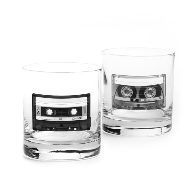 Oldies Music Whiskey Glasses - Retro Cassette Design - Cocktail Glasses Rock and Roll Gifts - Whiskey Glasses Set of 2