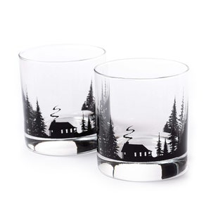 Cabin in the Forest Rock Glasses - Whiskey Glasses Nature Glassware - Whiskey Gifts for Men - Set of Two 11oz.