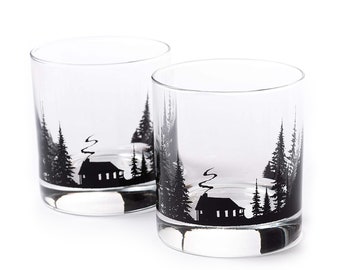 Cabin in the Forest Rock Glasses - Whiskey Glasses Nature Glassware - Whiskey Gifts for Men - Set of Two 11oz.