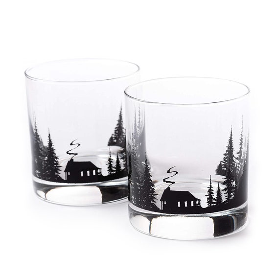 Cabin in the Forest Rock Glasses Whiskey Glasses Nature Glassware Whiskey  Gifts for Men Set of Two 11oz. 