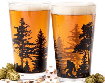 Bigfoot Pint Glass, Sasquatch in Forest Landscape Hand-Printed Beer Glasses, 16oz.