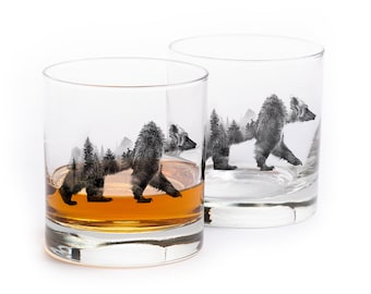 Double Exposure Bear Rock Glasses - Bear Whiskey Glasses - Whiskey Lover Gift - Whiskey Glasses Set of Two 11oz.