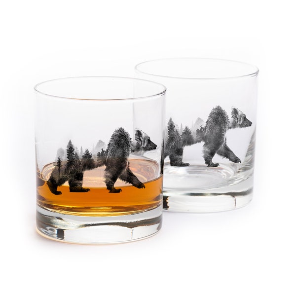 Double Exposure Bear Rock Glasses - Bear Whiskey Glasses - Whiskey Lover Gift - Whiskey Glasses Set of Two 11oz.