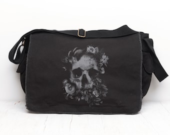 Black Canvas Messenger Bag - Skull and Flowers Messenger Bag Women/Men -  Vintage Messenger Bag Woman - Skull Themed School Messenger Bag