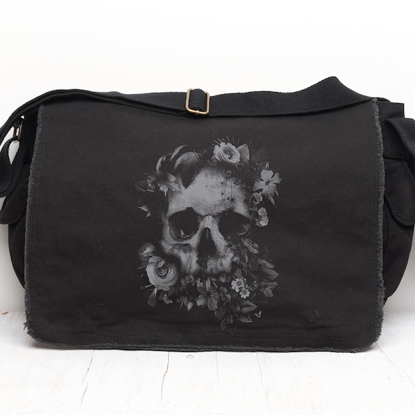 Black Canvas Messenger Bag - Skull and Flowers Messenger Bag Women/Men -  Vintage Messenger Bag Woman - Skull Themed School Messenger Bag