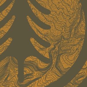 Extremely closeup detailed view of the retro topographic map screen print image in golden yellow ink which forms the tree graphic design on center of the heather green t shirt.