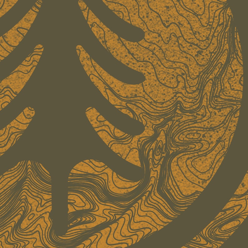 Extremely closeup detailed view of the retro topographic map screen print image in golden yellow ink which forms the tree graphic design on center of the heather green t shirt.