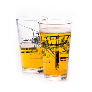 Ski Lift Pint Glasses - Ski Lodge Decor Bar Glasses - Ski Gifts for Men or Women - Beer Glasses Set of Two 16 oz Pint Glasses