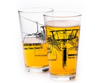 Ski Lift Pint Glasses - Ski Lodge Decor Bar Glasses - Ski Gifts for Men or Women - Beer Glasses Set of Two 16 oz Pint Glasses