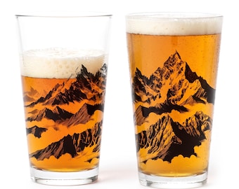 Pint Glasses with Mountain Range - Screen Printed Beer Glass with Mountains and Clouds - Set of Two 16oz. Pints