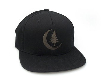 Men's Nature Hat - Moon Hat  - Crescent Moon and Pine - SnapBack & Flex Fit Hat Unisex - Curved/Flat Bill Options