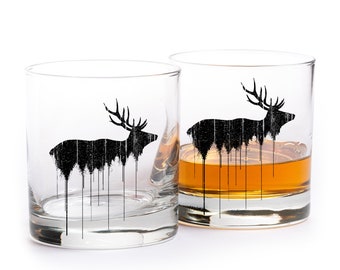 Elk Whiskey Glasses - Elk Above Tree Line - Groomsmen Gifts for Men - Bar Glassware - Whiskey Tumbler - Whiskey Glass Set of Two