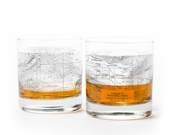 Whiskey Glasses - Yosemite National Park Topographic Map Rock Glasses - National Park Gift - 11oz Drinking Glasses