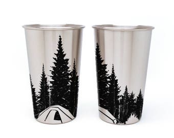 Stainless Steel Pint Glass - Beer Gift - Camping in the Woods Pint Mug