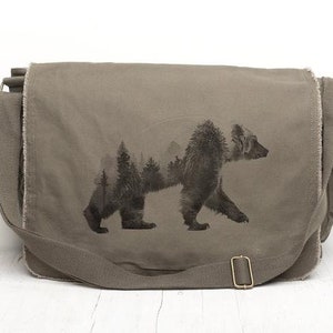 Messenger Bag Canvas - Womens Messenger Bag Men - Double Exposure Bear - School Messenger Bag - 3 Color Choices