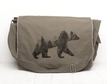 Messenger Bag Canvas - Womens Messenger Bag Men - Double Exposure Bear - School Messenger Bag - 3 Color Choices