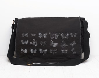 Canvas Messenger Bag - Butterfly Messenger Bag Black - Mens/ Womens Messenger Bag - Vintage Butterfly Chart Messenger Bag Canvas
