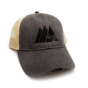 Mountain Hat - Mountain Trucker Hat Men - Retro Mountain - Charcoal / Light Brown