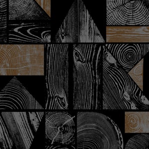 May include: Abstract geometric pattern featuring various wood grain textures in shades of brown and black. The pattern is made up of triangles, squares, and rectangles.