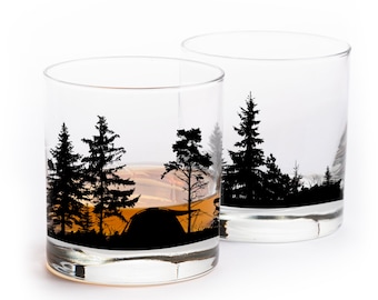 Whiskey Glasses - Mountain Camping - Camping Themed Rock Glasses - Whiskey Tumbler Glasses - Whiskey Glasses Set of Two - Bourbon Gifts