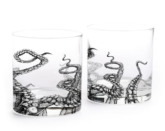 Octopus Tentacles - Tentacles Whiskey Glasses - Octopus Whisky Glasses - Two 11oz. Whiskey Tumblers