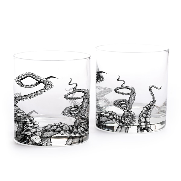 Octopus Tentacles Whiskey Glass Set – Nautical Barware Gift for Men – Hand Printed 11oz Rocks Glasses – Ocean Lover Bourbon Tumblers