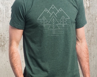 Men's Mountain T-Shirt - Three Peaks - Forest Greens Men's Nature Themed Graphic Tee - Hiking and Camping Gift for Men and Nature Lovers